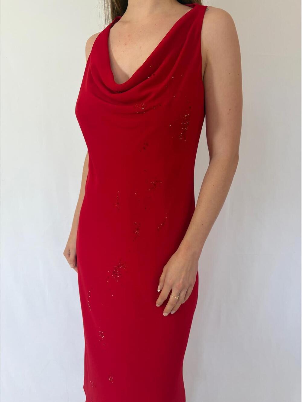 Red Beaded Cowl Neck Formal Elegant Evening Dress